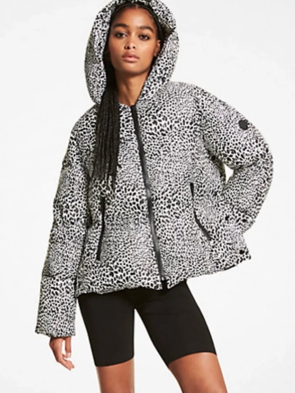 Michael Kors Black & White Leopard Hooded Puffer Jacket